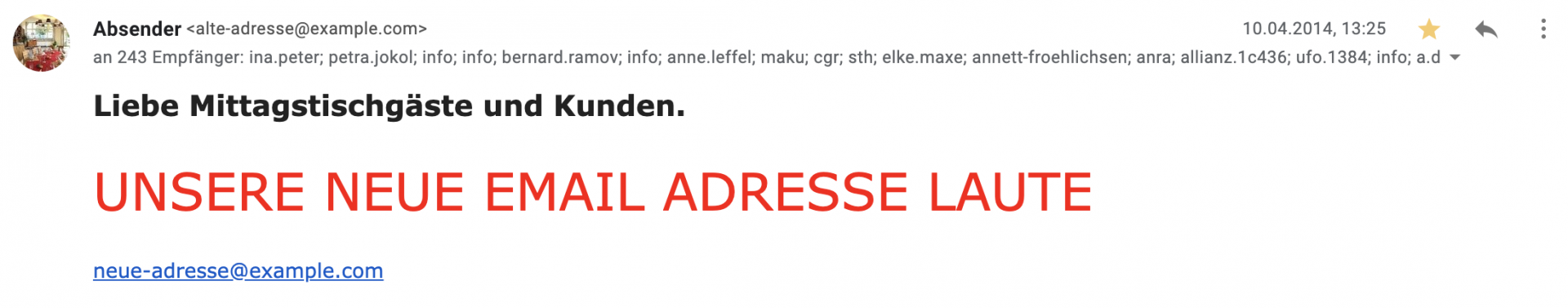 Eine Beispiel E-Mail für eine furchtbare Rundmail mit öffentlich sichtbaren Empfängern im CC.