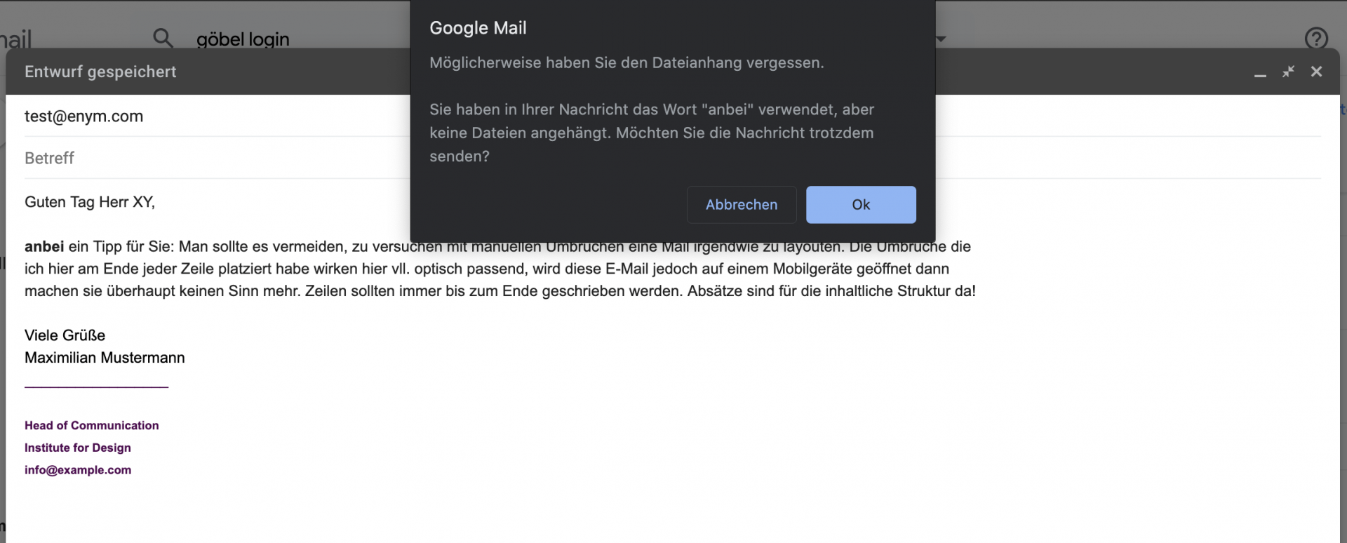Der Anhangs-Schutz schützt vor vergessenen Anhängen!