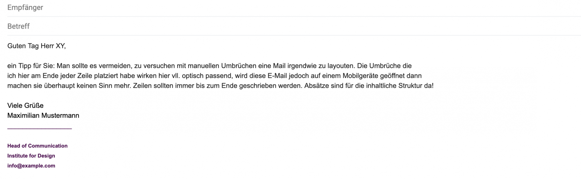 Vermeiden Sie layoutvesuche mti manus.ellen Zeilenumbrüchen in Ihren E-Mail