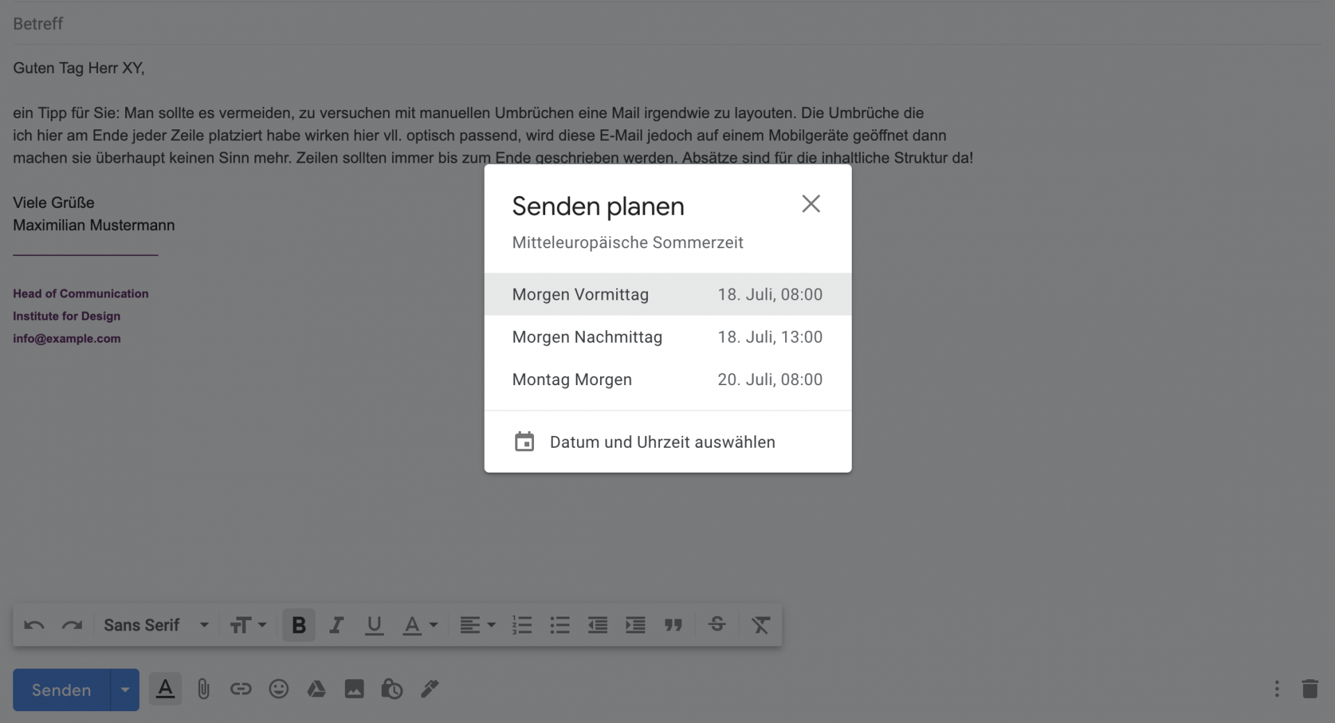 Planen die den Versand der E-Mail für zeitversetzten Versand.